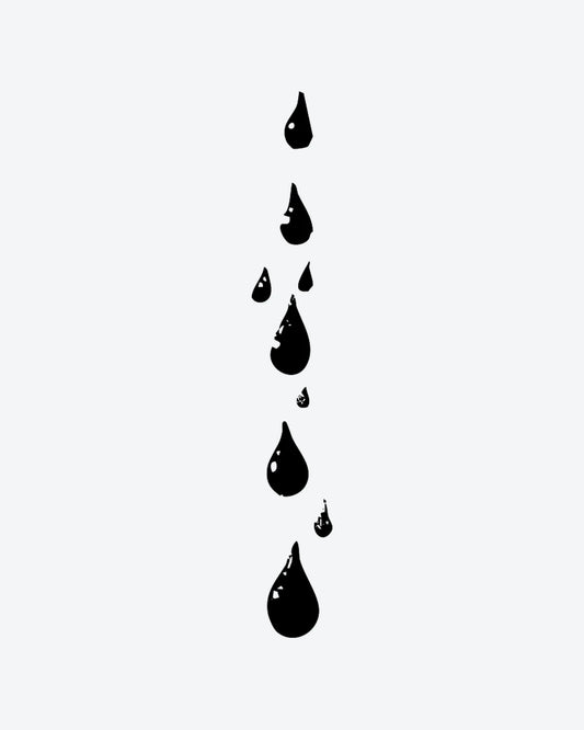 Droplets semi-permanent tattoo design by INKY – Raindrop illustration, 2 x 4 in (6x10 cm), available at inkytatt.com