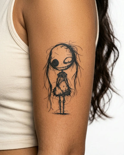 INKY Stitched Doll semi-permanent tattoo applied on a woman – 3 x 3 in (7x7 cm) design, realistic ink look, lasts 10 days