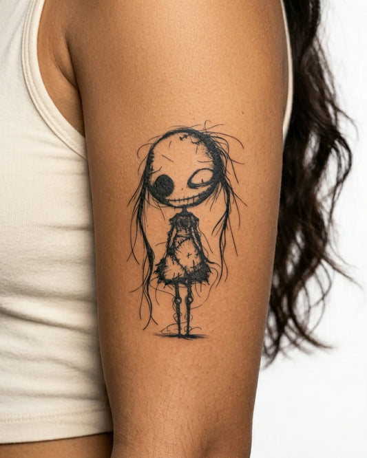 INKY Stitched Doll semi-permanent tattoo applied on a woman – 3 x 3 in (7x7 cm) design, realistic ink look, lasts 10 days