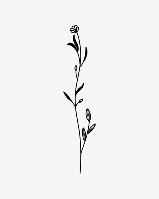 Floral Sprig 2 semi-permanent tattoo design by INKY – Fine Line, Flower, Leaves, Bud, Stem illustration, 4 x 8 in (11x20 cm), available at inkytatt.com
