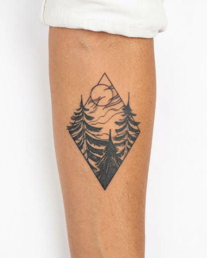 INKY Pine Diamond semi-permanent tattoo applied on a woman – 3 x 4 in (7x10 cm) design, realistic ink look, lasts 10 days