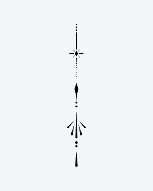 Sleek Emblem semi-permanent tattoo design by INKY – Fine Line, Starburst, Compass, Diamond, Geometric illustration, 2 x 4 in (6x10 cm), available at inkytatt.com