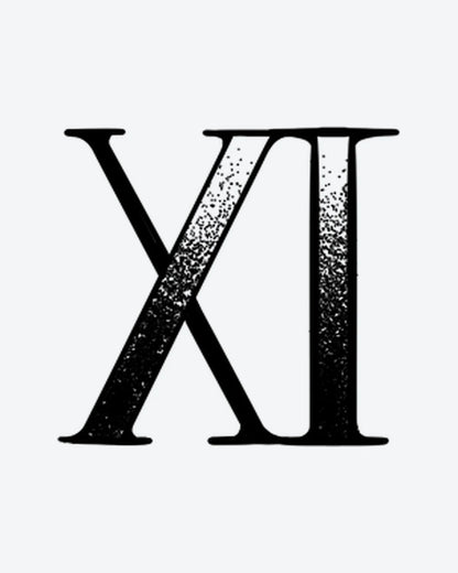 XI Dotwork semi-permanent tattoo design by INKY – Roman Numeral, Dotwork illustration, 0.5 x 0.5 in (1x1 cm), available at inkytatt.com