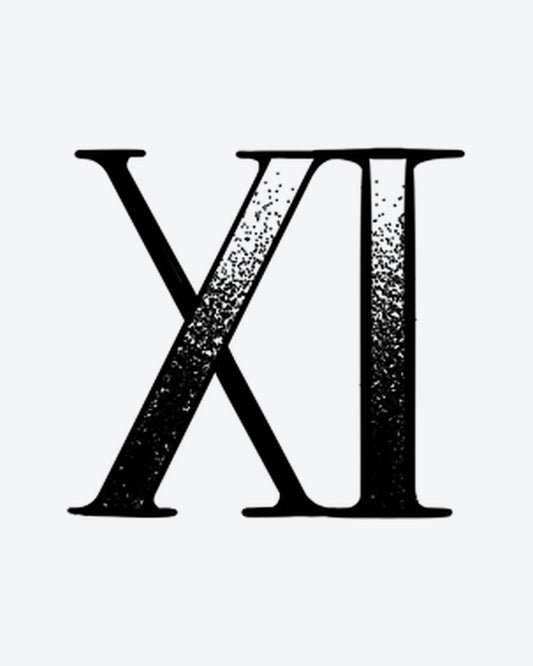 XI Dotwork semi-permanent tattoo design by INKY – Roman Numeral, Dotwork illustration, 0.5 x 0.5 in (1x1 cm), available at inkytatt.com