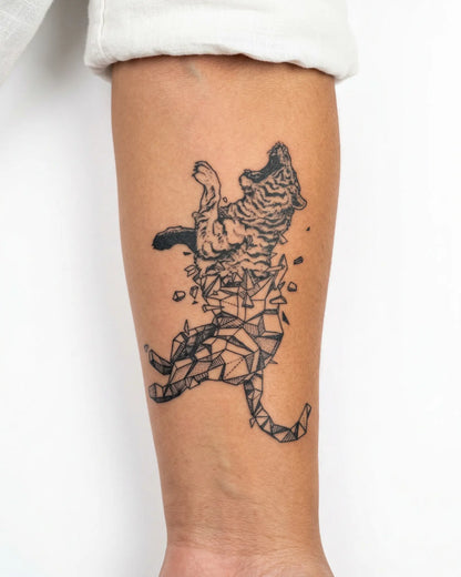 INKY Wild Geometry semi-permanent tattoo applied on a woman – 3 x 4 in (7x10 cm) design, realistic ink look, lasts 10 days