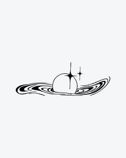 Sparkle Orb semi-permanent tattoo design by INKY – Moon, Planet, Starburst, Lines, Water illustration, 2 x 4 in (6x10 cm), available at inkytatt.com