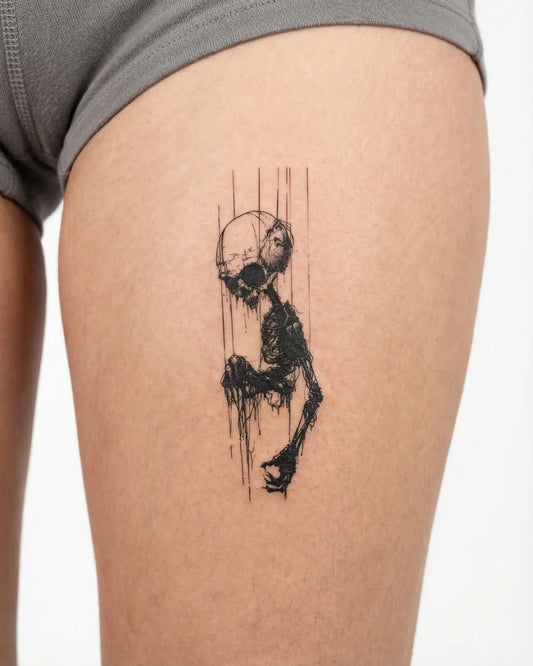 INKY Puppet Skull semi-permanent tattoo applied on a woman – 2 x 4 in (6x10 cm) design, realistic ink look, lasts 10 days
