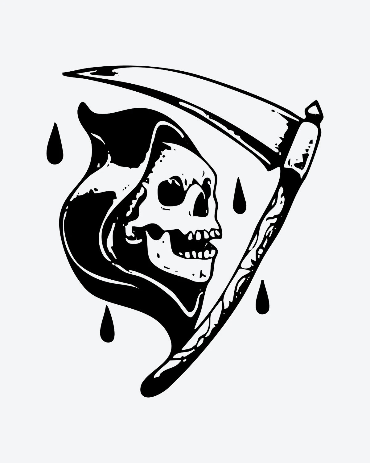 Reaper Scythe semi-permanent tattoo design by INKY – Skull illustration, 2 x 2 in (4x4 cm), available at inkytatt.com