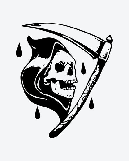 Reaper Scythe semi-permanent tattoo design by INKY – Skull illustration, 2 x 2 in (4x4 cm), available at inkytatt.com