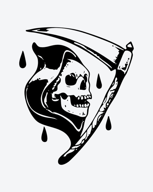 Reaper Scythe semi-permanent tattoo design by INKY – Skull illustration, 2 x 2 in (4x4 cm), available at inkytatt.com