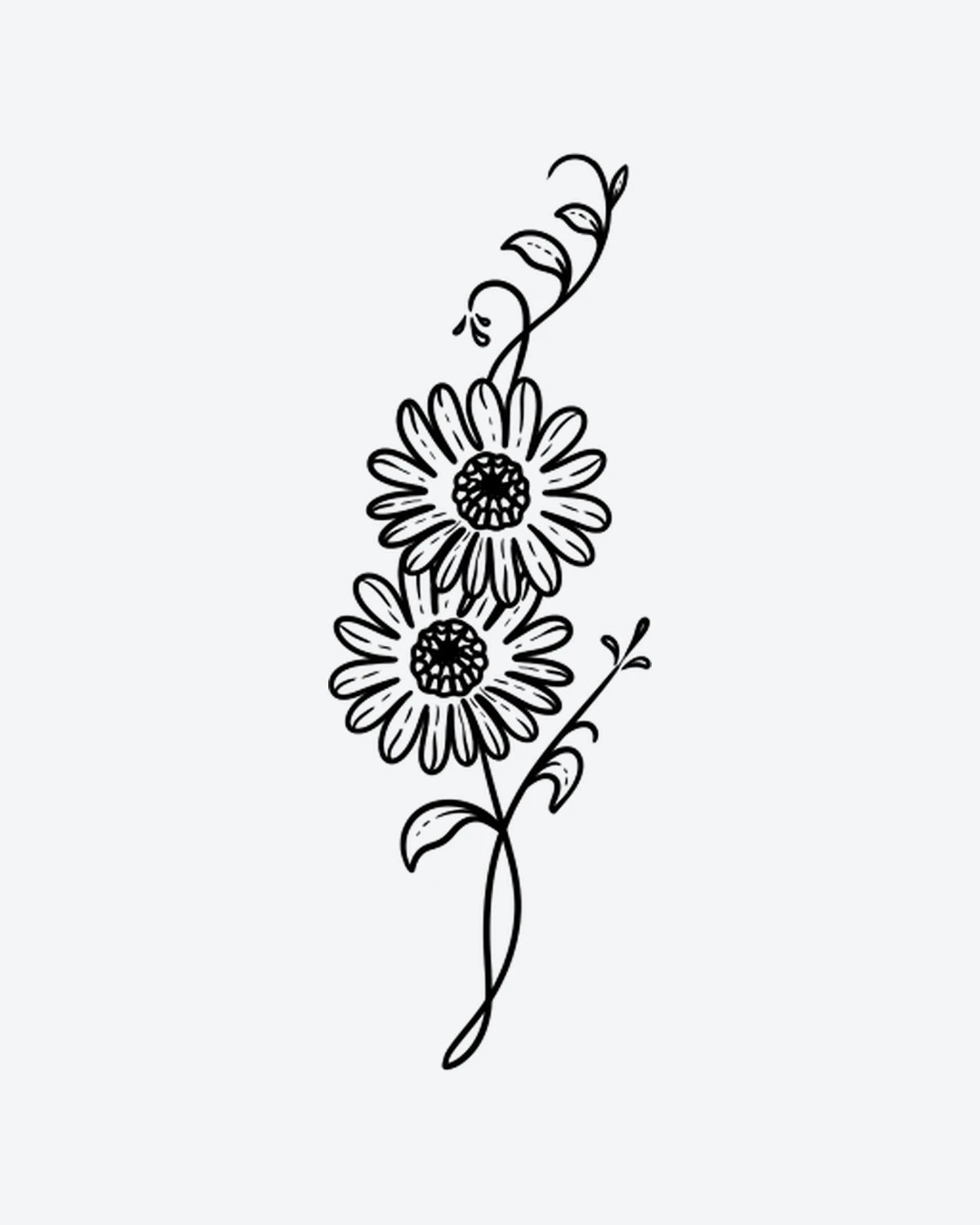 Daisy Duet semi-permanent tattoo design by INKY – Fine Line, Flower, Leaves, Daisy, Petal illustration, 2 x 2 in (4x4 cm), available at inkytatt.com