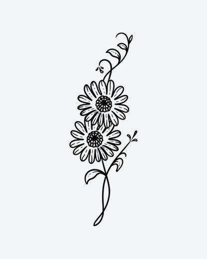 Daisy Duet semi-permanent tattoo design by INKY – Fine Line, Flower, Leaves, Daisy, Petal illustration, 2 x 2 in (4x4 cm), available at inkytatt.com