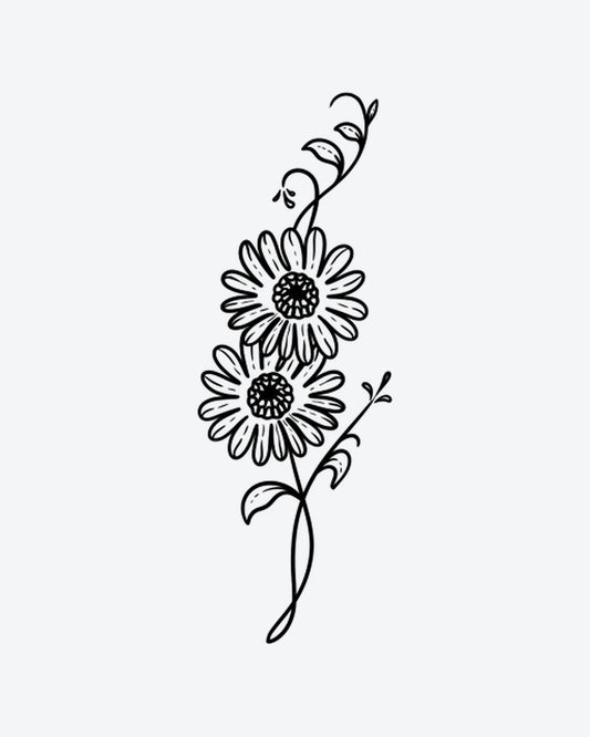 Daisy Duet semi-permanent tattoo design by INKY – Fine Line, Flower, Leaves, Daisy, Petal illustration, 2 x 2 in (4x4 cm), available at inkytatt.com