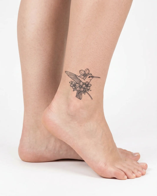 INKY Humming Bloom 2 semi-permanent tattoo applied on a woman – 2 x 2 in (4x4 cm) design, realistic ink look, lasts 10 days