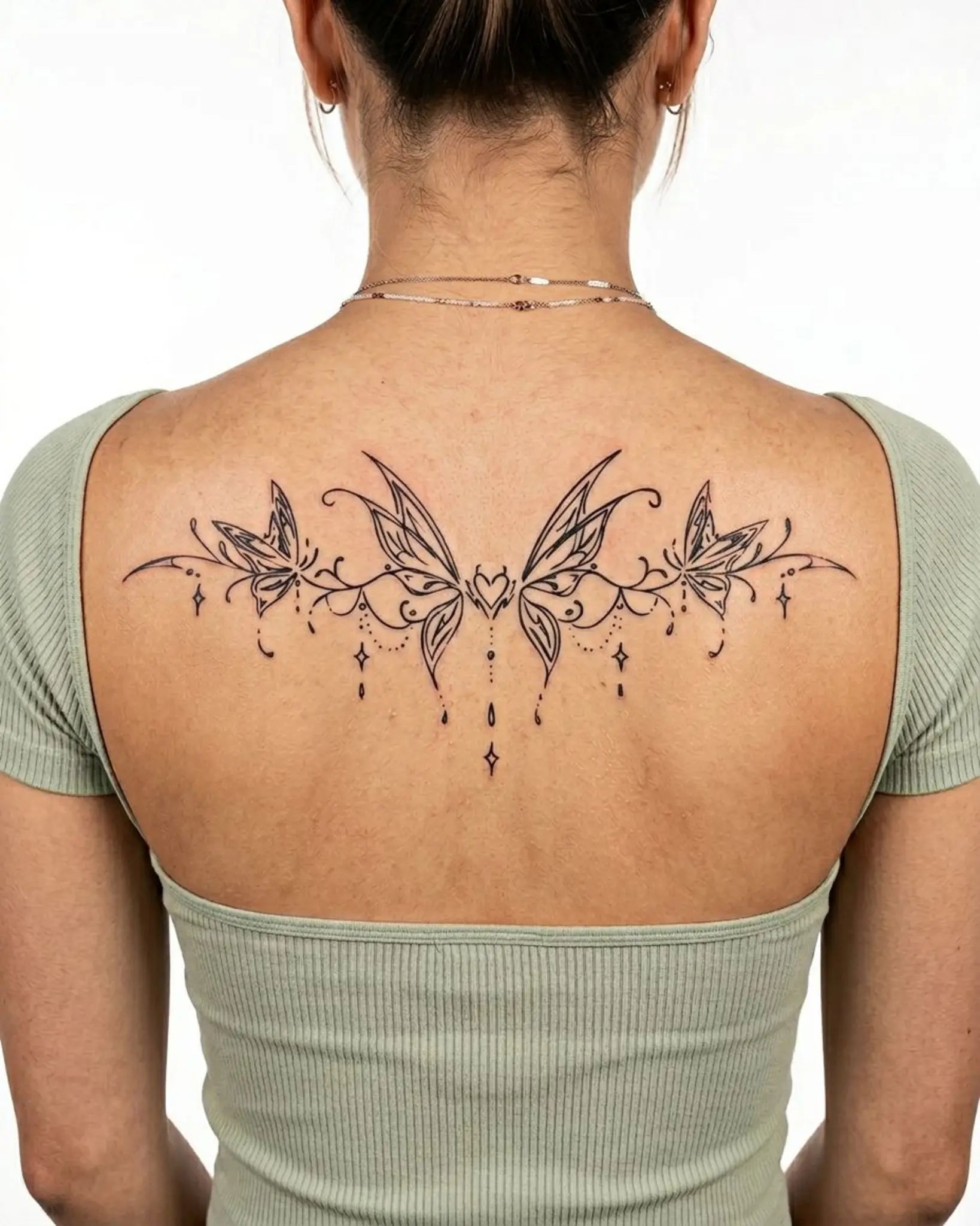 INKY Fairy Charm semi-permanent tattoo applied on a woman – 4 x 8 in (11x20 cm) design, realistic ink look, lasts 10 days
