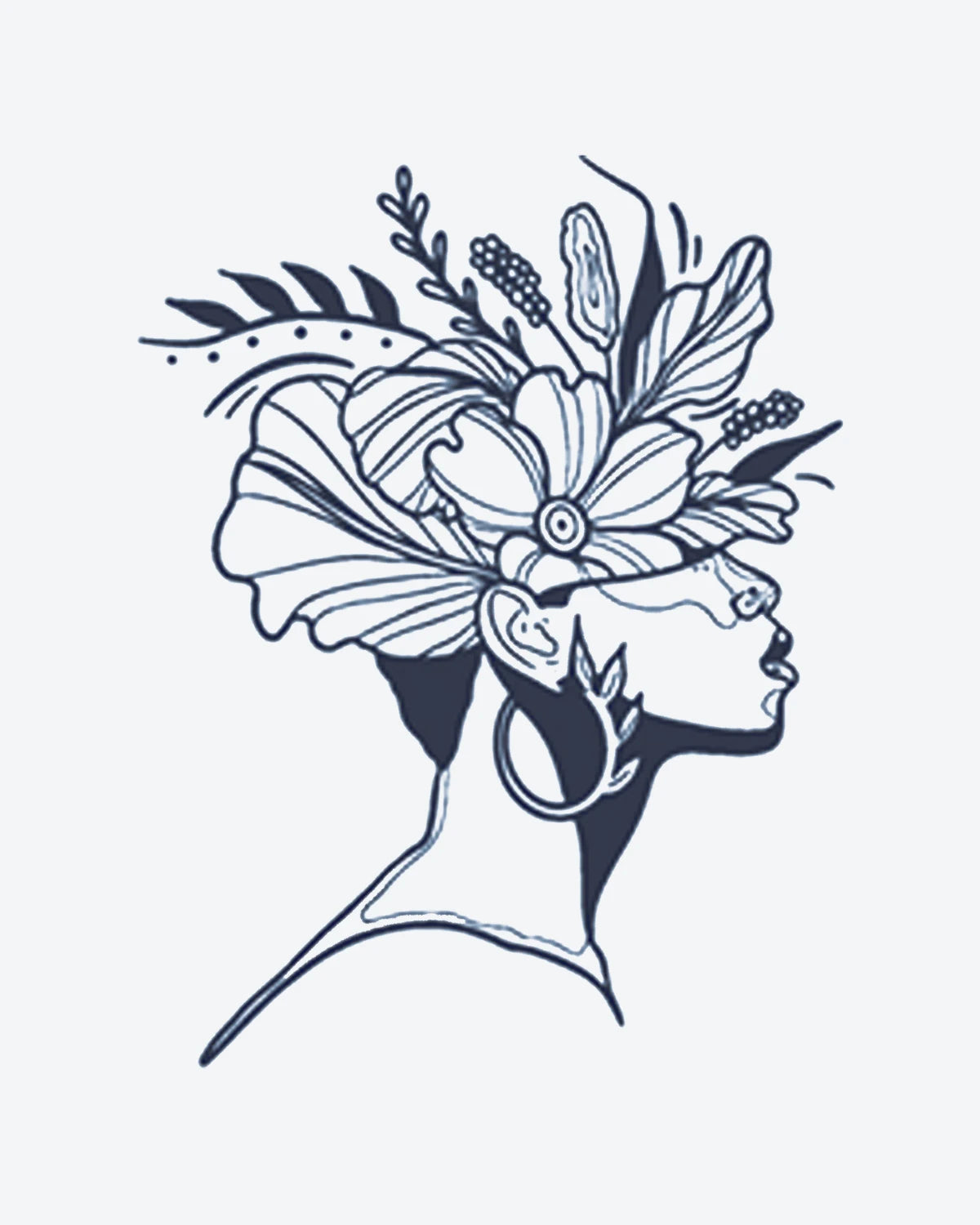 Bloom Queen semi-permanent tattoo design by INKY – Fine Line, Flower, Leaf, Leaves, Woman illustration, 2 x 2 in (4x4 cm), available at inkytatt.com