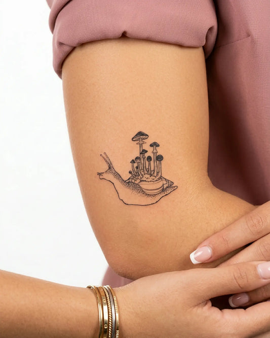 INKY Snail Shrooms semi-permanent tattoo applied on a woman – 3 x 3 in (7x7 cm) design, realistic ink look, lasts 10 days