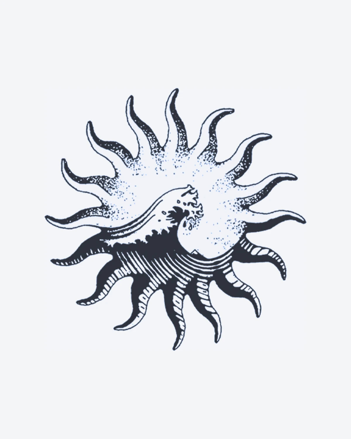 Solar Wave semi-permanent tattoo design by INKY – Ocean Wave, Wave, Sun, Dotwork illustration, 2 x 2 in (4x4 cm), available at inkytatt.com