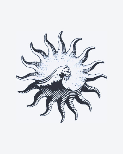 Solar Wave semi-permanent tattoo design by INKY – Ocean Wave, Wave, Sun, Dotwork illustration, 2 x 2 in (4x4 cm), available at inkytatt.com