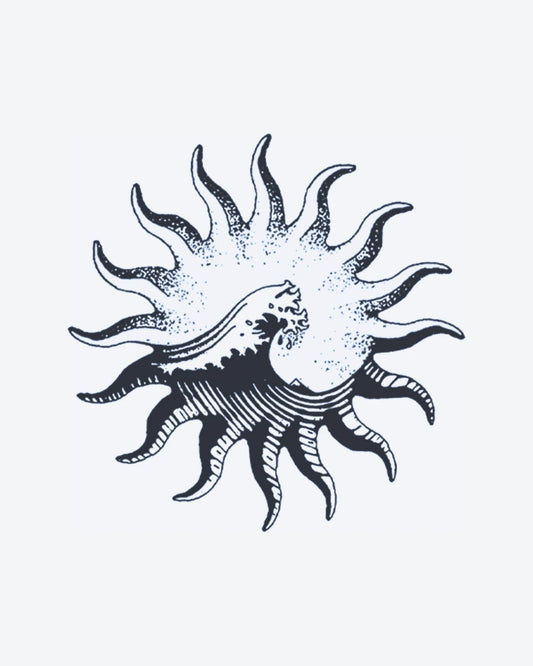 Solar Wave semi-permanent tattoo design by INKY – Ocean Wave, Wave, Sun, Dotwork illustration, 2 x 2 in (4x4 cm), available at inkytatt.com
