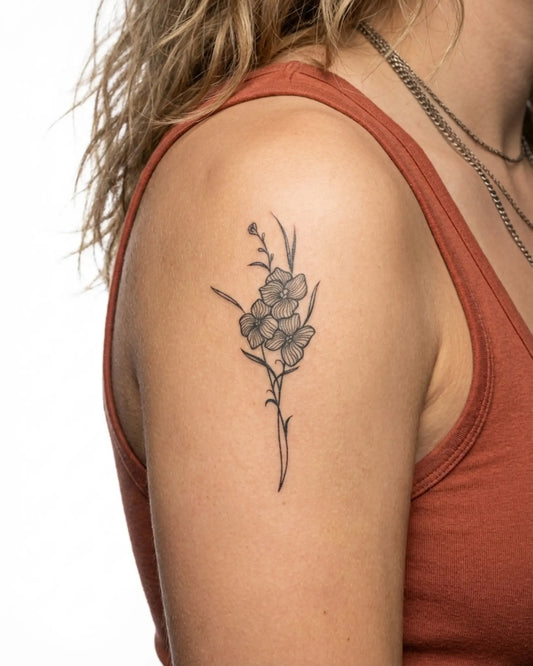 INKY Floral Trio semi-permanent tattoo applied on a woman – 2 x 4 in (6x10 cm) design, realistic ink look, lasts 10 days