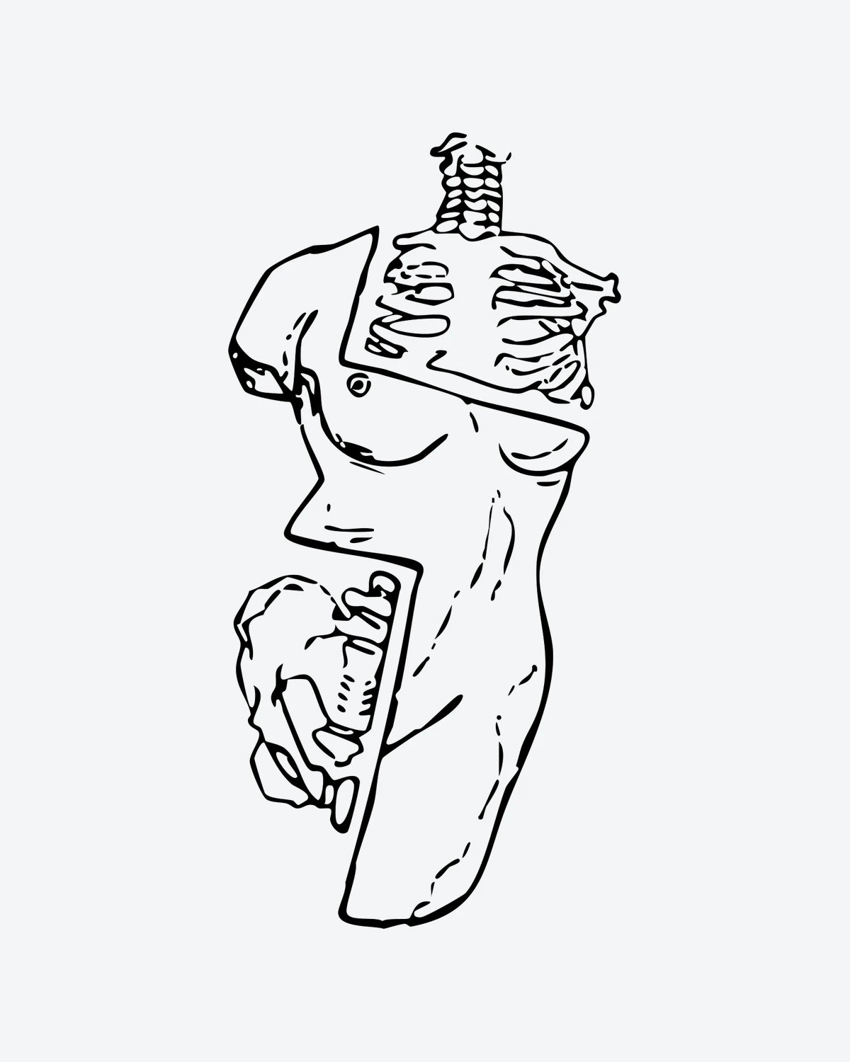 Fragmented semi-permanent tattoo design by INKY – Spine, Statue illustration, 2 x 4 in (6x10 cm), available at inkytatt.com