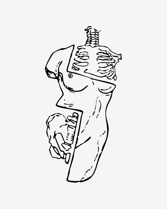Fragmented semi-permanent tattoo design by INKY – Spine, Statue illustration, 2 x 4 in (6x10 cm), available at inkytatt.com