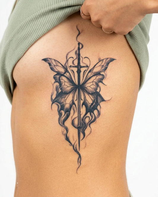 INKY Winged Sword semi-permanent tattoo applied on a woman – 4 x 7 in (10x17 cm) design, realistic ink look, lasts 10 days