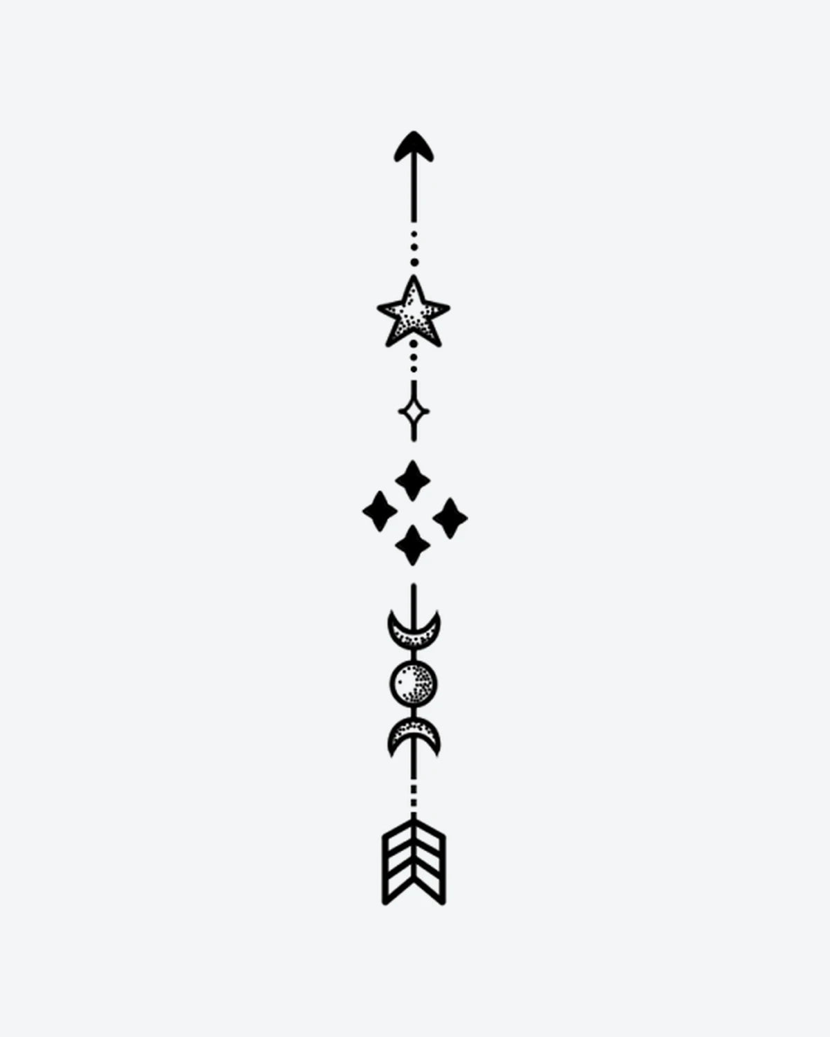 Cosmic Arrow semi-permanent tattoo design by INKY – Fine Line, Moon, Star, Arrow, Diamond illustration, 2 x 4 in (6x10 cm), available at inkytatt.com