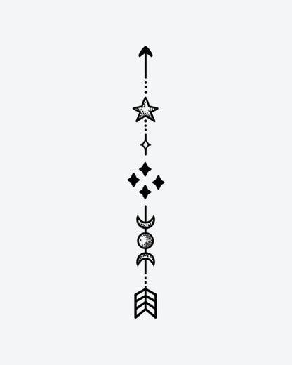 Cosmic Arrow semi-permanent tattoo design by INKY – Fine Line, Moon, Star, Arrow, Diamond illustration, 2 x 4 in (6x10 cm), available at inkytatt.com