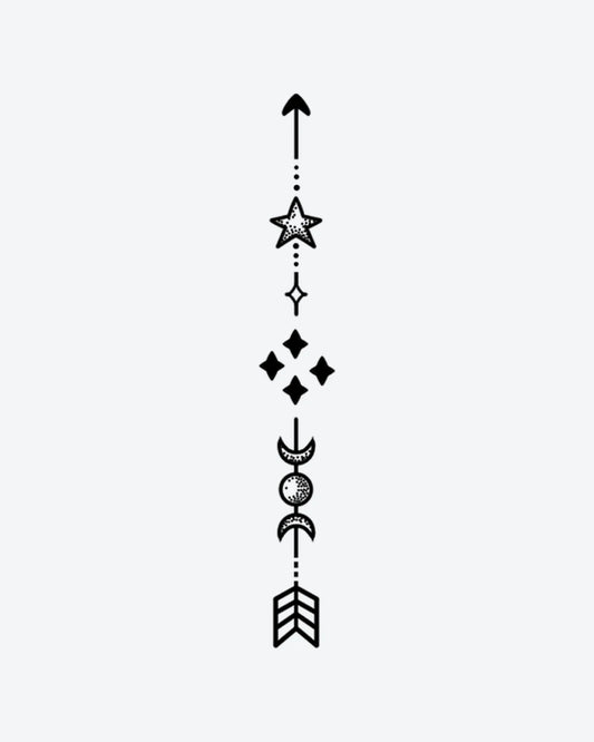 Cosmic Arrow semi-permanent tattoo design by INKY – Fine Line, Moon, Star, Arrow, Diamond illustration, 2 x 4 in (6x10 cm), available at inkytatt.com