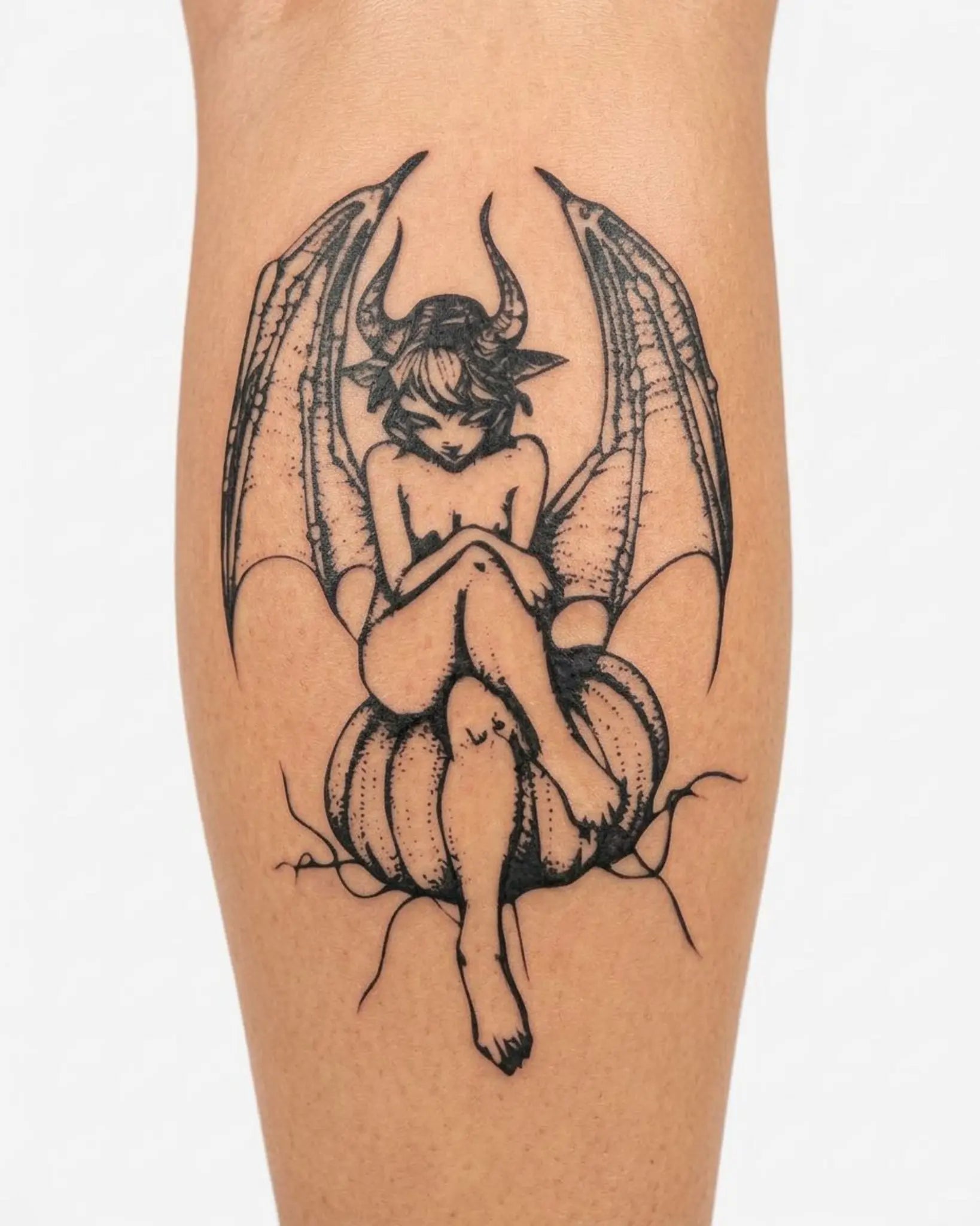INKY Goth Imp semi-permanent tattoo applied on a woman – 3 x 4 in (7x10 cm) design, realistic ink look, lasts 10 days