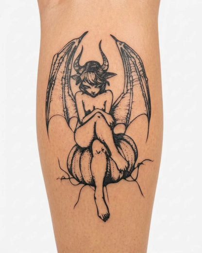 INKY Goth Imp semi-permanent tattoo applied on a woman – 3 x 4 in (7x10 cm) design, realistic ink look, lasts 10 days