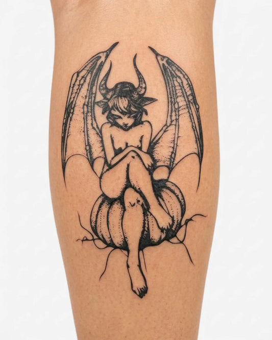 INKY Goth Imp semi-permanent tattoo applied on a woman – 3 x 4 in (7x10 cm) design, realistic ink look, lasts 10 days