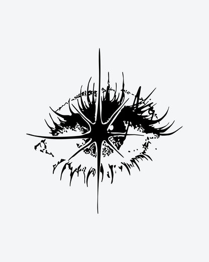 Star Eye semi-permanent tattoo design by INKY – Starburst, Eye, Lines illustration, 3 x 3 in (7x7 cm), available at inkytatt.com