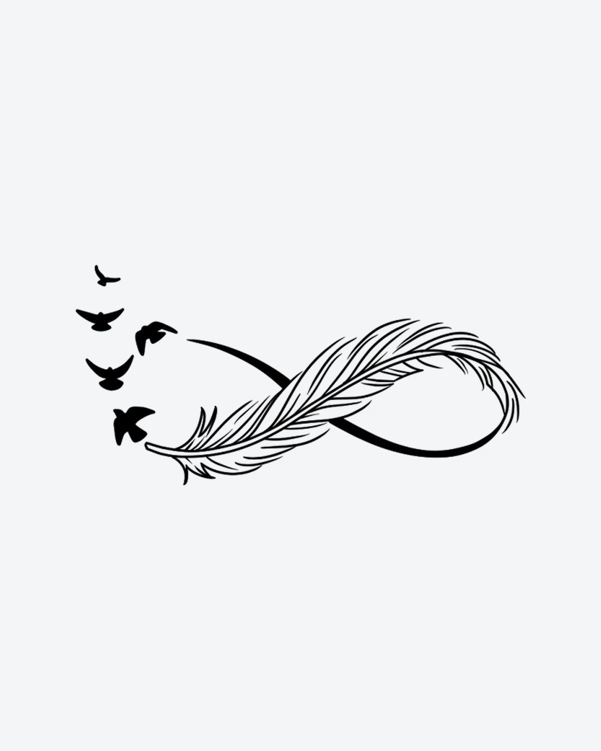 Feather Fligh 2 semi-permanent tattoo design by INKY – Infinity Symbol, Fine Line, Bird, Feather, Silhouette illustration, 2 x 2 in (4x4 cm), available at inkytatt.com