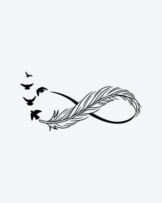 Feather Fligh 2 semi-permanent tattoo design by INKY – Infinity Symbol, Fine Line, Bird, Feather, Silhouette illustration, 2 x 2 in (4x4 cm), available at inkytatt.com