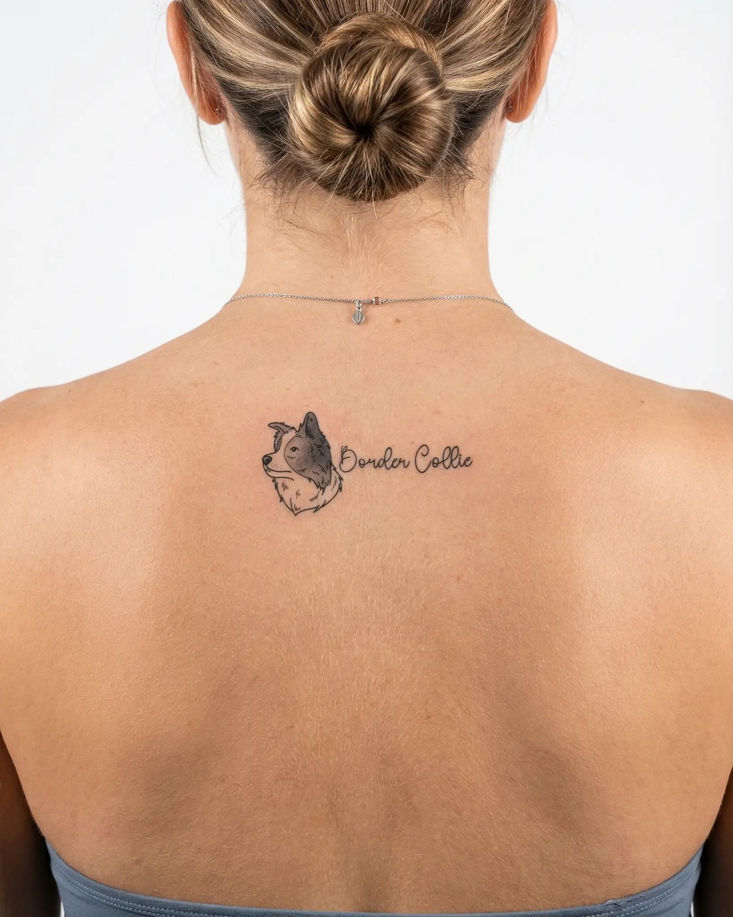 INKY Collie Love semi-permanent tattoo applied on a woman – 2 x 4 in (6x10 cm) design, realistic ink look, lasts 10 days