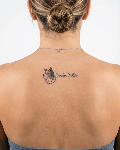 INKY Collie Love semi-permanent tattoo applied on a woman – 2 x 4 in (6x10 cm) design, realistic ink look, lasts 10 days