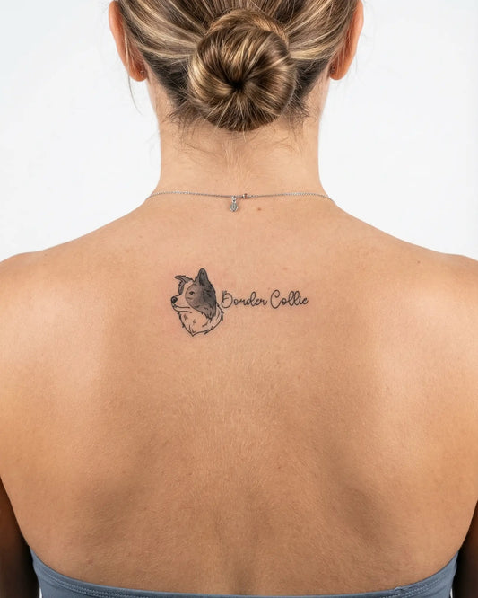 INKY Collie Love semi-permanent tattoo applied on a woman – 2 x 4 in (6x10 cm) design, realistic ink look, lasts 10 days