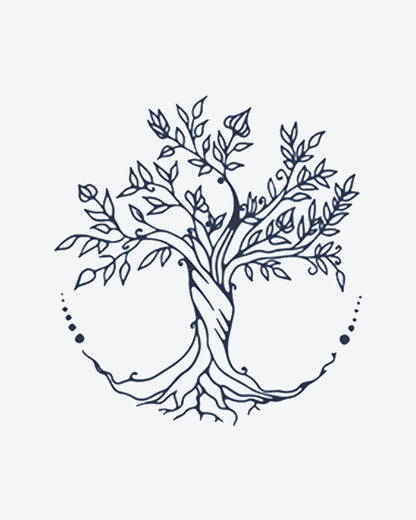 Tree of Life semi-permanent tattoo design by INKY – Fine Line, Tree, Leaves, Dotwork, Bud illustration, 2 x 2 in (4x4 cm), available at inkytatt.com