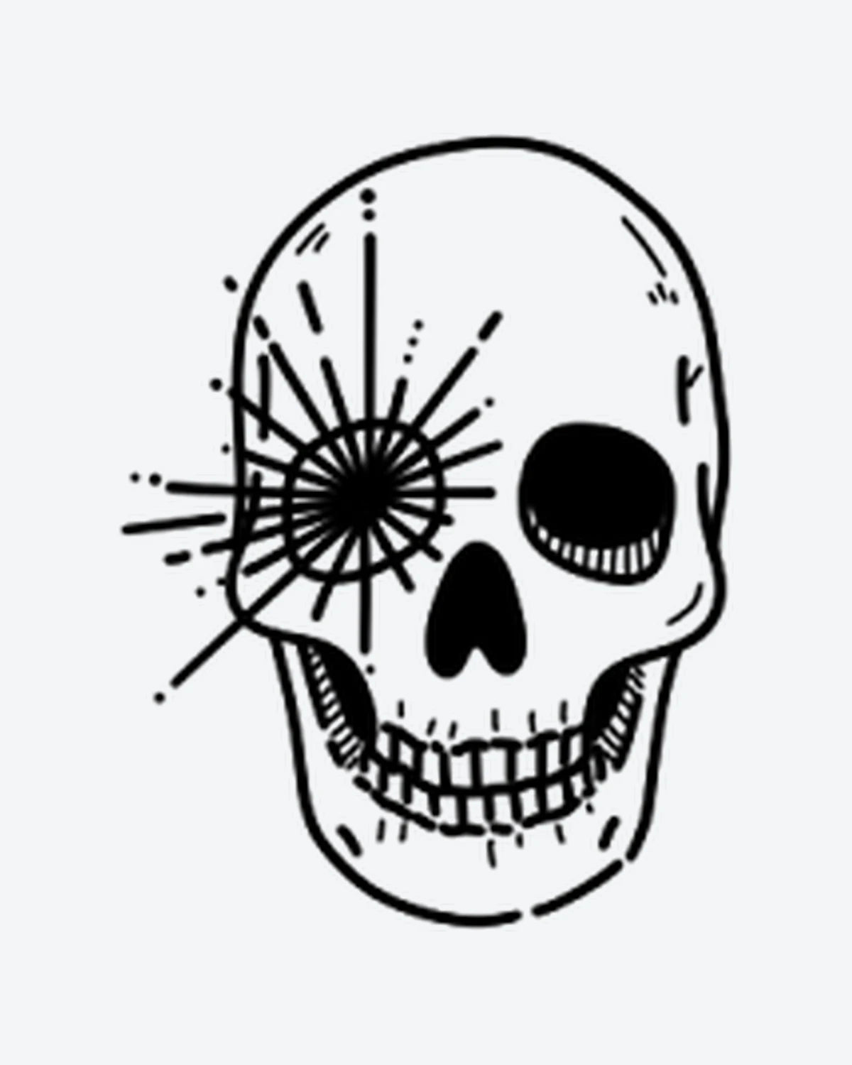 Skull Burst semi-permanent tattoo design by INKY – Fine Line, Starburst, Skull, Eye, Dots illustration, 2 x 2 in (4x4 cm), available at inkytatt.com