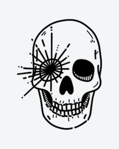 Skull Burst semi-permanent tattoo design by INKY – Fine Line, Starburst, Skull, Eye, Dots illustration, 2 x 2 in (4x4 cm), available at inkytatt.com