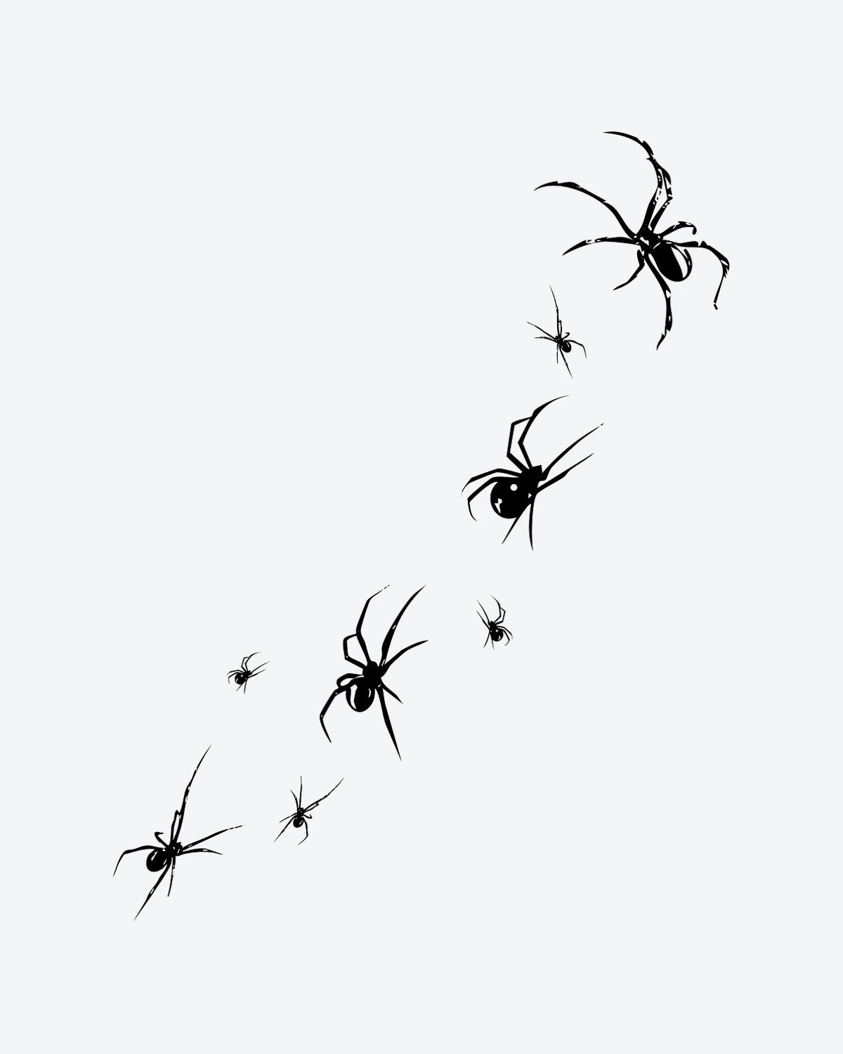 Spider Swarm semi-permanent tattoo design by INKY – Spider, Silhouette illustration, 4 x 7 in (10x17 cm), available at inkytatt.com