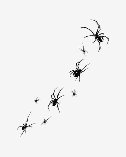 Spider Swarm semi-permanent tattoo design by INKY – Spider, Silhouette illustration, 4 x 7 in (10x17 cm), available at inkytatt.com