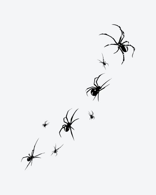 Spider Swarm semi-permanent tattoo design by INKY – Spider, Silhouette illustration, 4 x 7 in (10x17 cm), available at inkytatt.com