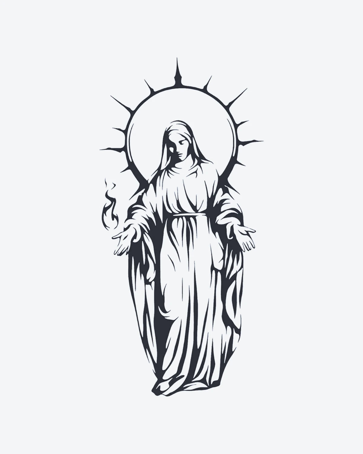 Sacred Icon semi-permanent tattoo design by INKY – Halo, Flame, Lines, Hand illustration, 4 x 7 in (10x17 cm), available at inkytatt.com