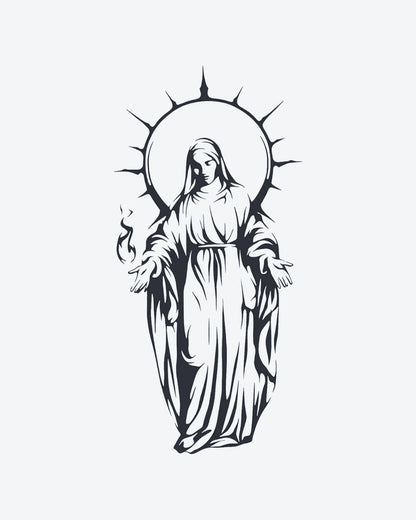 Sacred Icon semi-permanent tattoo design by INKY – Halo, Flame, Lines, Hand illustration, 4 x 7 in (10x17 cm), available at inkytatt.com