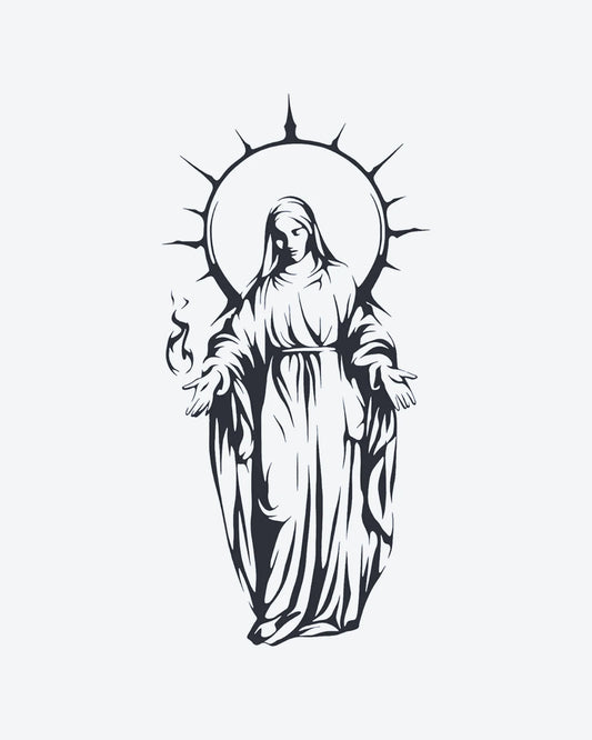 Sacred Icon semi-permanent tattoo design by INKY – Halo, Flame, Lines, Hand illustration, 4 x 7 in (10x17 cm), available at inkytatt.com