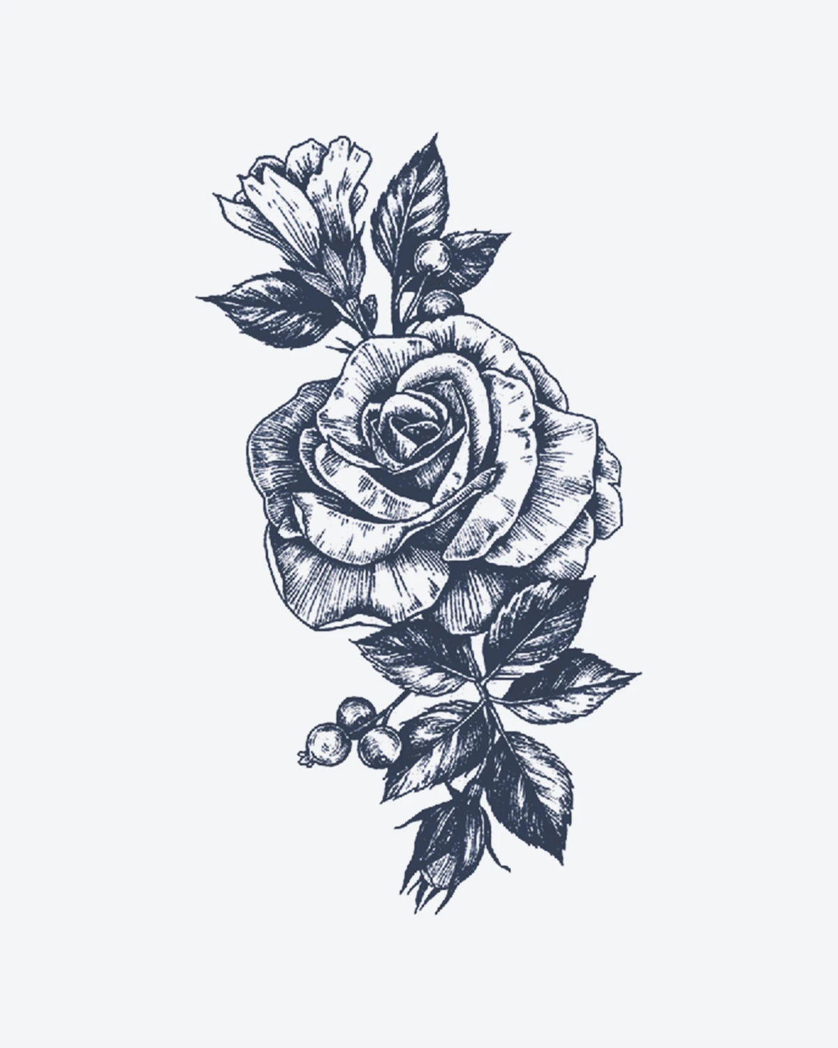 Classic Rose semi-permanent tattoo design by INKY – Flower, Rose, Leaves, Bloom illustration, 3 x 4 in (7x10 cm), available at inkytatt.com